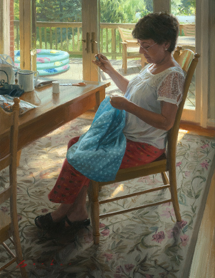 painting titled abuela sewing