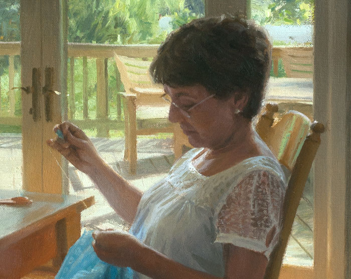 detail of painting titled abuela sewing