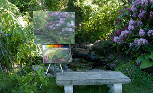 Photo of easel with lavender Rhododendron